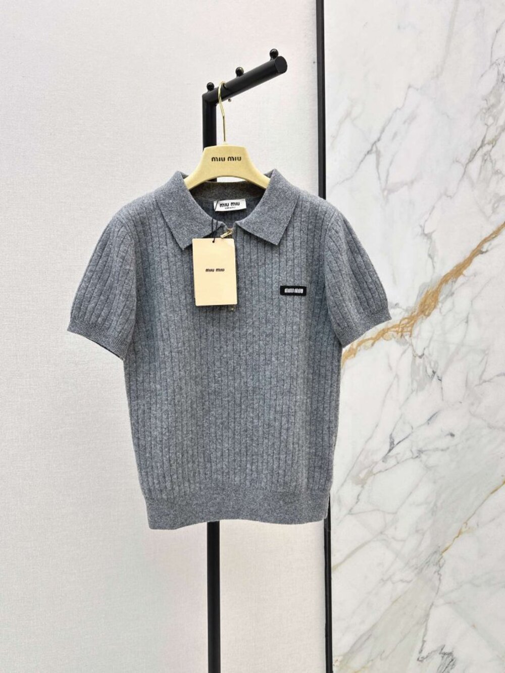 Miu Miu Grey Rib-Knit Half-Zip Polo Top